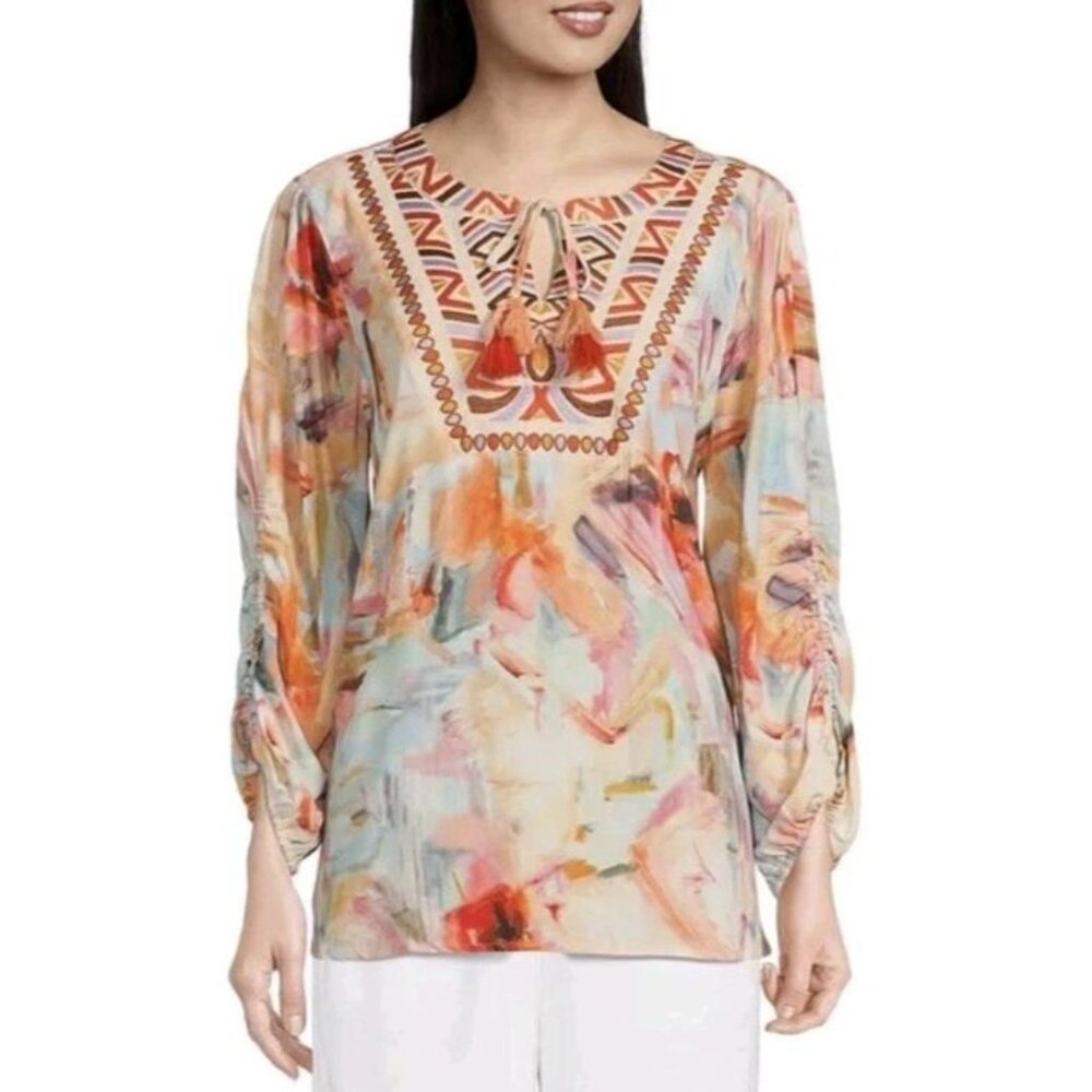 John Mark XL Abstract Watercolor Print Embroidered Tunic Top Tassel Boho Coastal